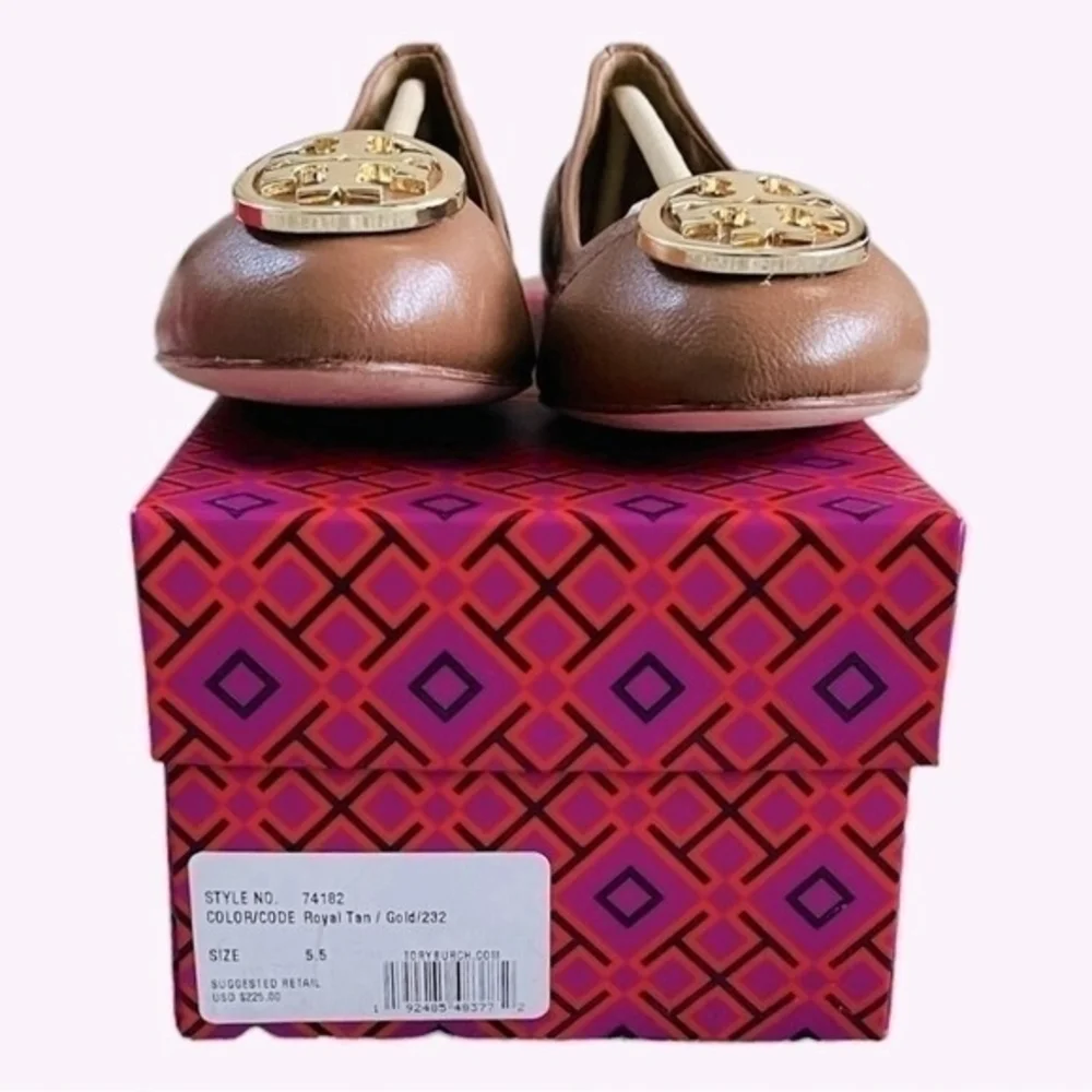TORY BURCH Benton 2 Travel Leather Ballet Flats Royal Tan Gold Size 5.5 NIB